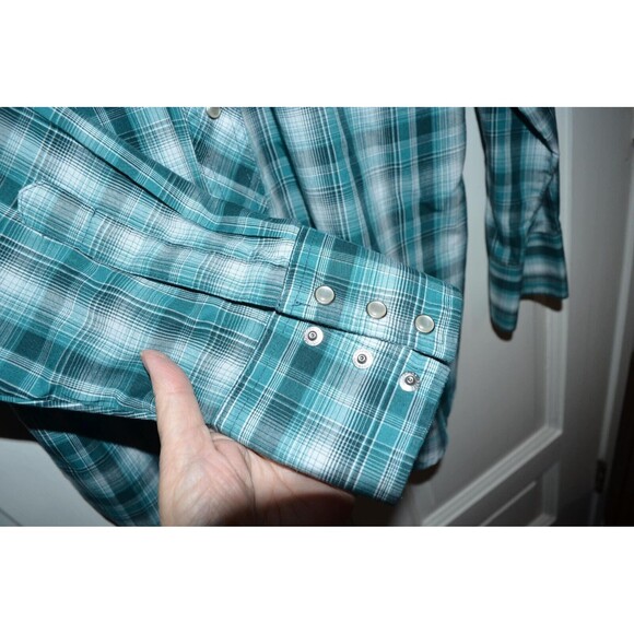 Wrangler Retro Western Shirt Mens M green Plaid Pearl Snap Cowboy Pockets - Picture 5 of 6